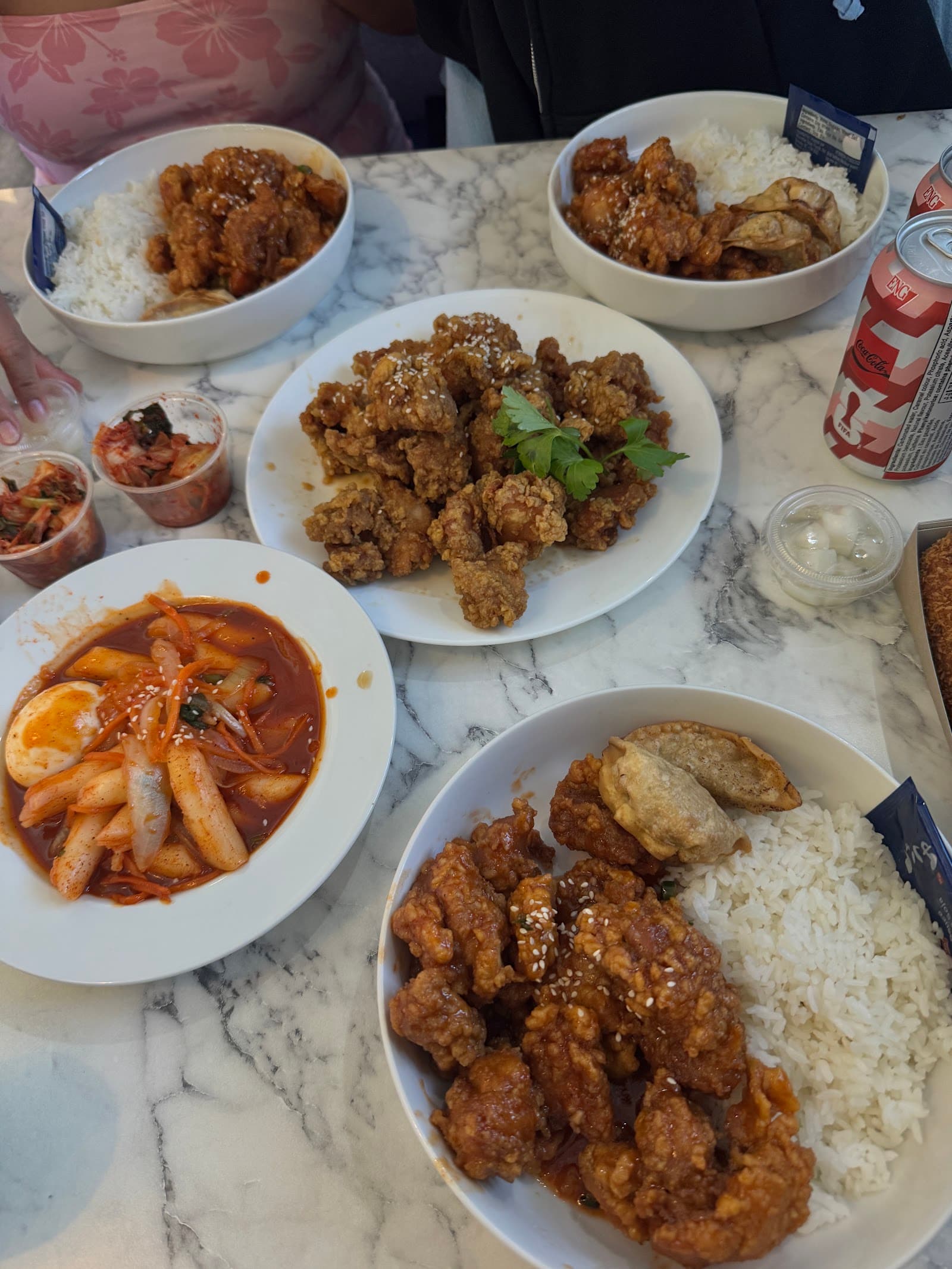 Another family spread of fried chicken and tteokbokki