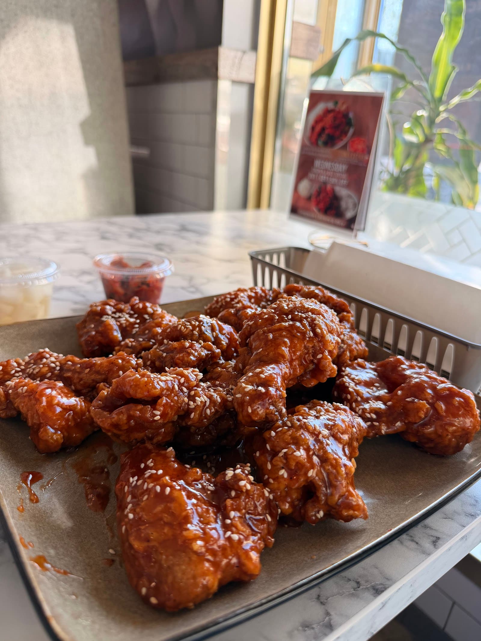 Glazed Korean fried chicken in a serving basket