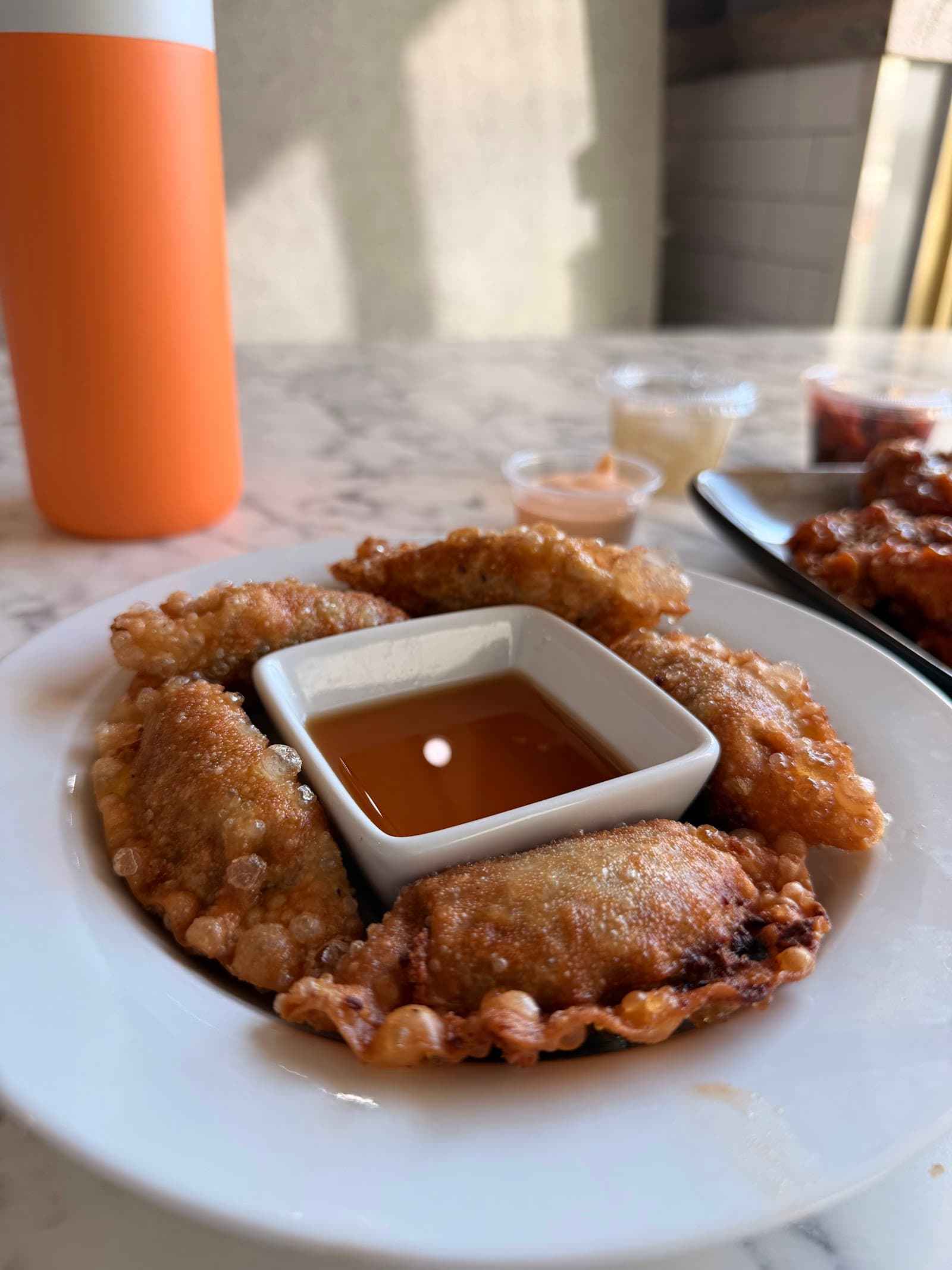 Handmade dumplings with dipping sauce