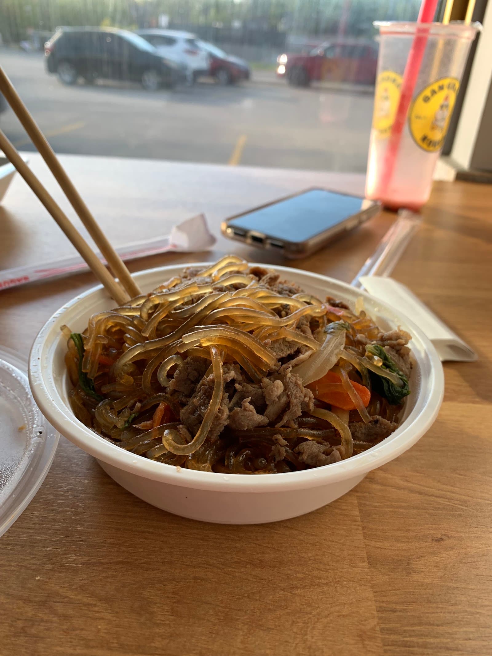 Bowl of Jap-Chae glass noodles with chopsticks